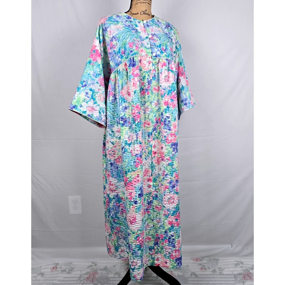 Miss Elaine At Home Floral Seersucker Housecoat Duster Robe Zip Large Blue Pink - Picture 7 of 14